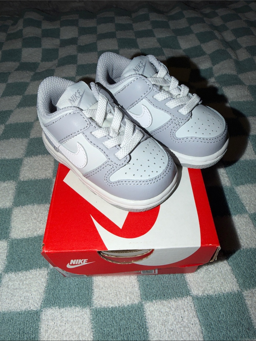 New in Box Nike Toddler White and Gray Low-Top Dunks Size 4C